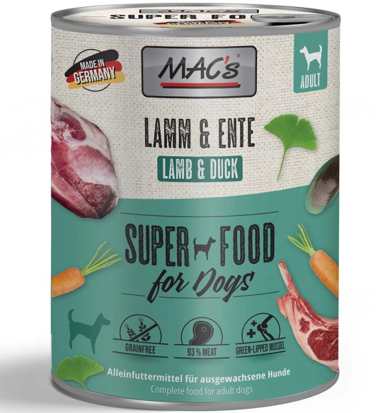 MAC's konserv koerale LAMBA- ja PARDILIHAGA (93% liha) teraviljavaba (Superfood MAC's Dog Lamb & Duck)