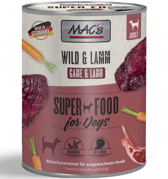 MAC's konserv koerale ULUKI- ja LAMBALIHAGA (95% liha) teraviljavaba (Superfood MAC's Dog Game & Lamb)