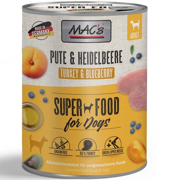 MAC's konserv koerale KALKUNILIHA (93%) ja MUSTIKATEGA teraviljavaba (Superfood MAC's Dog Turkey & Blueberries)