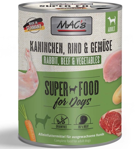 MAC's konserv koerale JÄNESE- ja VEISELIHA (89%) ja KÖÖGIVILJADEGA teraviljavaba (Superfood MAC's Dog Rabbit & Vegetables)