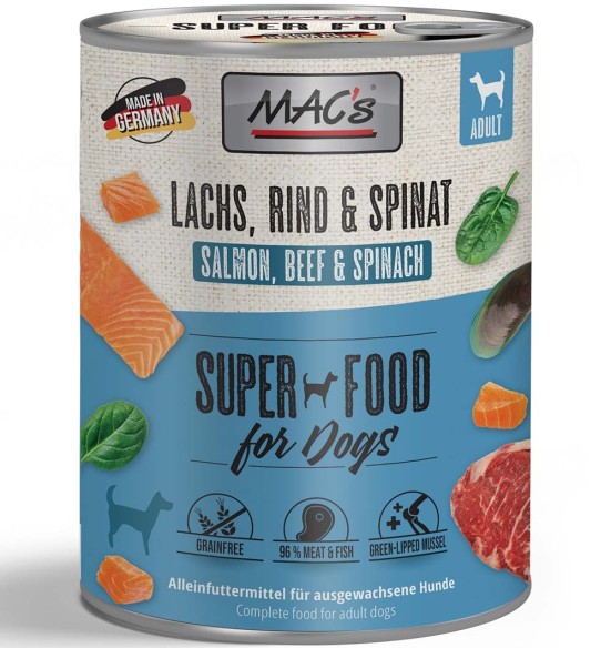 MAC's konserv koerale LÕHE, VEISELIHA (96% liha) ja SPINATIGA teraviljavaba (Superfood MAC's Dog Salmon, Beef & Spinach)