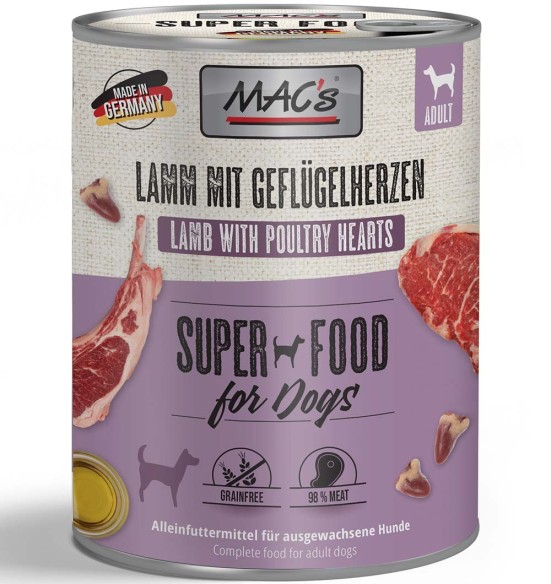 MAC's konserv koerale LAMBALIHA ja KODULINNU SÜDAMED (98% liha) teraviljavaba (Superfood MAC's Dog Lamb with Poultry Hearts)