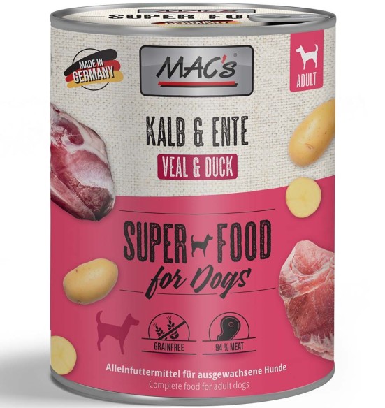 MAC's konserv koerale VASIKA- ja PARDILIHAGA (94% liha) teraviljavaba (Superfood MAC's Dog Veal & Duck)