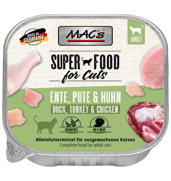 MAC's konserv kassile (99% liha) PART, KALKUN, KANA teraviljavaba, kausike (Superfood Cat Duck, Turkey & Chicken)