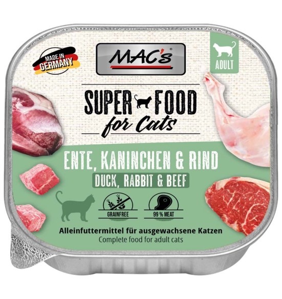 MAC's konserv kassile (99% liha) PART, JÄNES, VEIS teraviljavaba, kausike (Superfood Cat Duck, Rabbit & Beef)