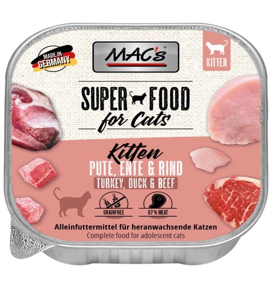 MAC's konserv kassipojale (99% liha) KALKUN, PART, VEIS teraviljavaba, kausike (Superfood Kitten Turkey, Duck & Beef)