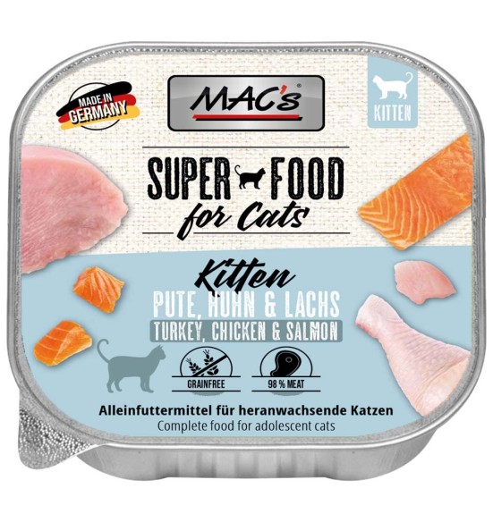 MAC's konserv kassipojale (99% liha) KALKUN, KANA, LÕHE teraviljavaba, kausike (Superfood Kitten Turkey, Chicken & Salmon)