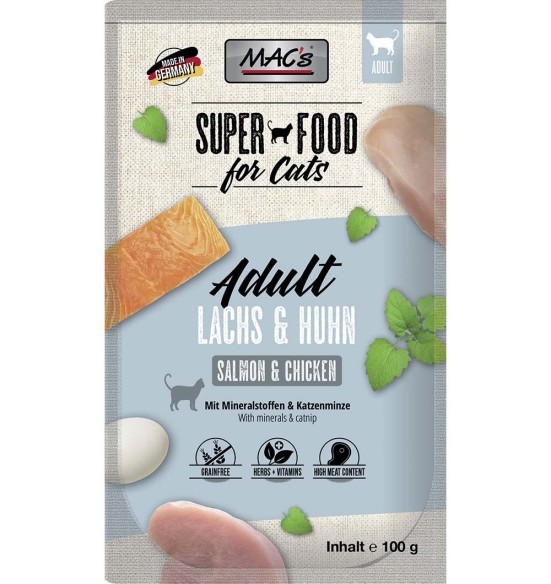 MAC`s консервированный корм в пакетиках для кошек ЛОСОСЬ И КУРИЦА