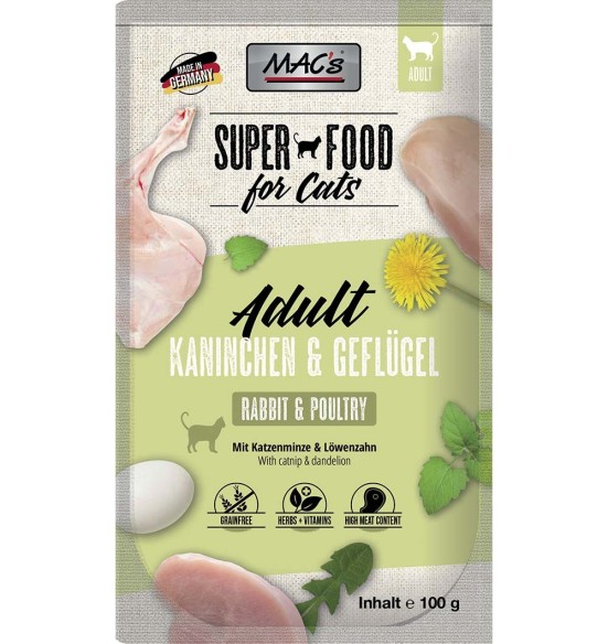 MAC's konserv kassile JÄNES, KODULIND (99%) teraviljavaba, kotike (Superfood Cat Rabbit & Poultry)