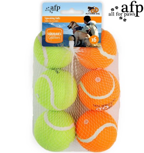 Игрушка для собак, теннисные мячики с пищалкой 6 шт Squeaking Tennis Ball Orange/Green (AFP - Outdoor Dog)