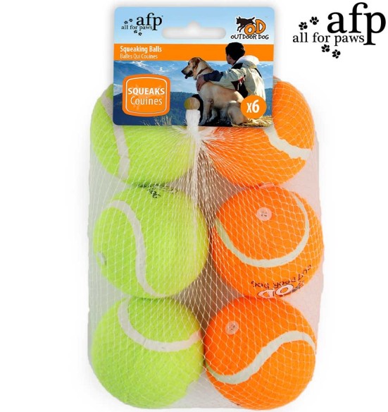 Игрушка для собак, теннисные мячики с пищалкой 6 шт Squeaking Tennis Ball Orange/Green (AFP - Outdoor Dog)