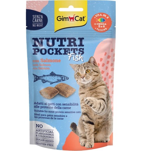 Nutri Pockets Fish лакомство с начинкой, для кошек, подушечки с лососем (GimCat)