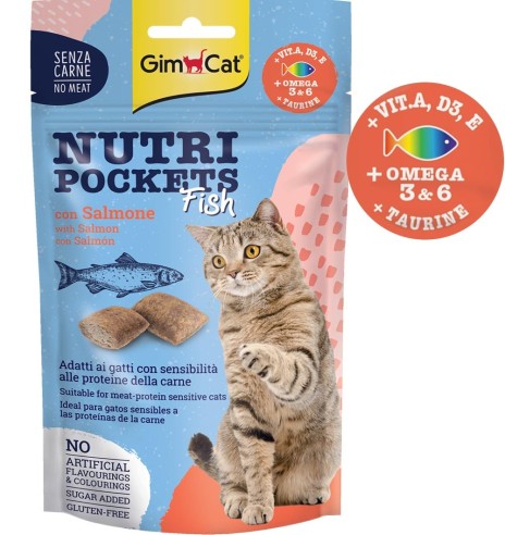 Nutri Pockets Fish лакомство с начинкой, для кошек, подушечки с лососем (GimCat)