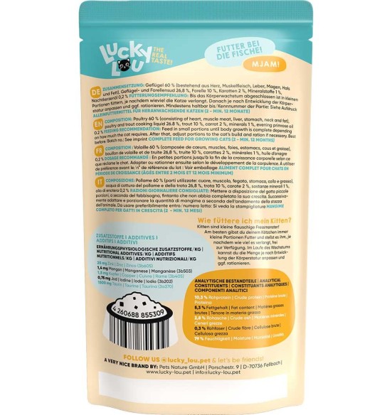 Lucky Lou konserv kassipojale kodulinnuliha ja forelliga, teraviljavaba 125 g kotikeses Lucky Lou konserv kassipojale kodulinnuliha ja forelliga, teraviljavaba 125 g kotikeses