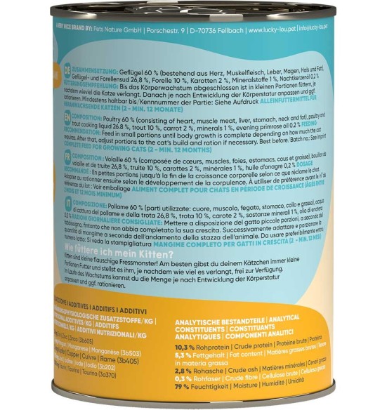 Lucky Lou konserv kassipojale kodulinnuliha ja forelliga, teraviljavaba 400 g