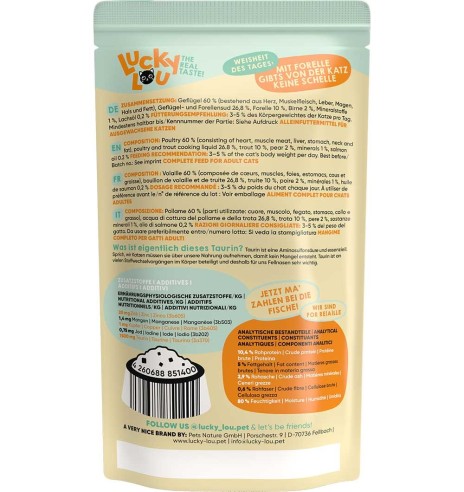 Lucky Lou беззерновой консервированный корм для кошек с домашней птицей и форелью, в пакетике