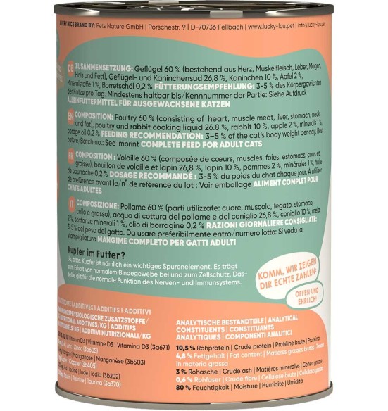 Lucky Lou беззерновой консервированный корм для кошек с мясом птицы и кролика