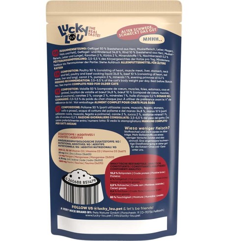 Lucky Lou беззерновой консервированный корм для пожилых кошек с мясом птицы и говядиной, в пакетике