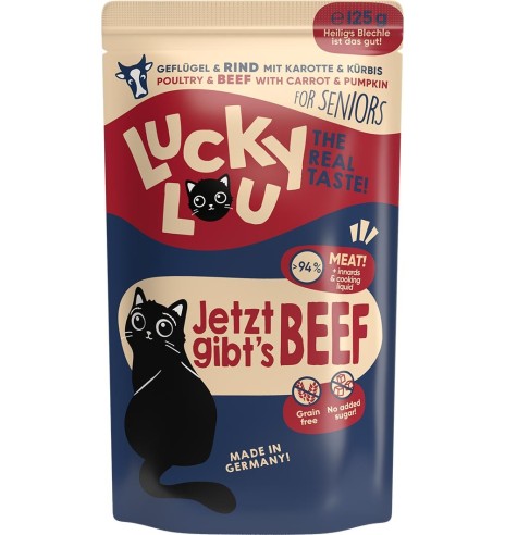 Lucky Lou беззерновой консервированный корм для пожилых кошек с мясом птицы и говядиной, в пакетике