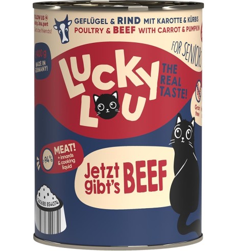 Lucky Lou konserv eakale kassile kodulinnu- ja veiselihaga, teraviljavaba