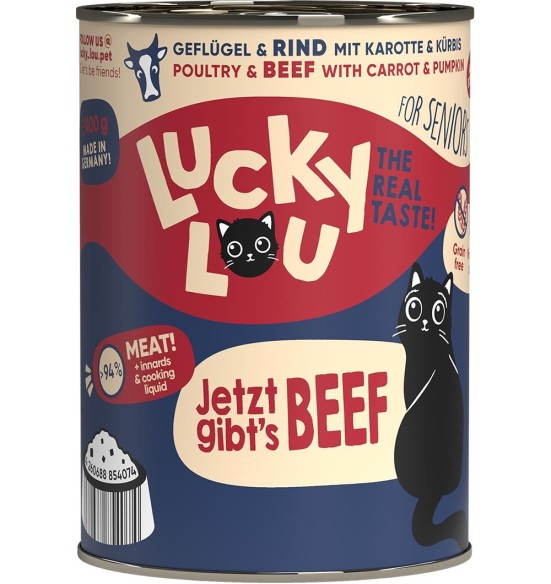 Lucky Lou Senior konserv eakale kassile kodulinnu- ja veiselihaga, teraviljavaba