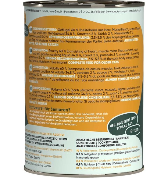 Lucky Lou беззерновой консервированный корм для пожилых кошек с мясом домашней птицы