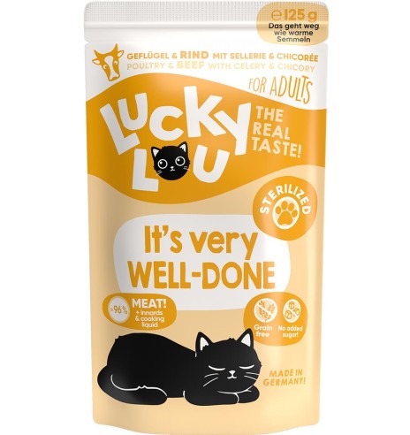 Lucky Lou беззерновой консервированный корм для стерилизованных кошек с домашней птицей и говядиной, в пакетике