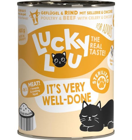 Lucky Lou беззерновой консервированный корм для стерилизованных кошек с домашней птицей и говядиной