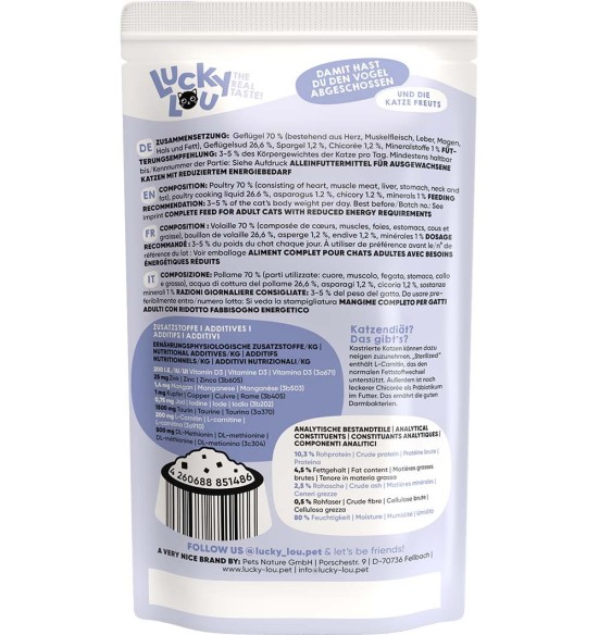 Lucky Lou Sterilized konserv steriliseeritud kassile kodulinnulihaga, teraviljavaba, kotikeses Lucky Lou Sterilized konserv steriliseeritud kassile kodulinnulihaga, teraviljavaba, kotikeses
