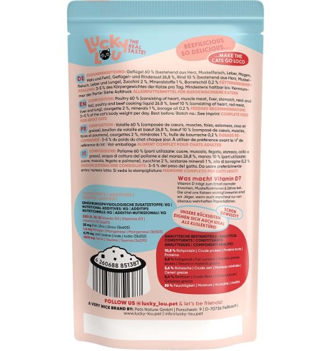 Lucky Lou беззерновой консервированный корм для кошек с мясом птицы и говядиной, в пакетике