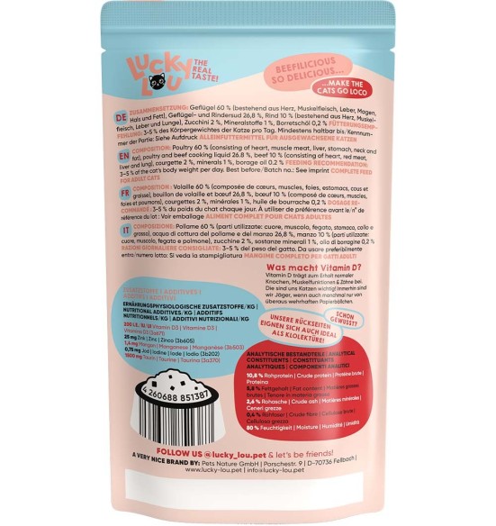 Lucky Lou беззерновой консервированный корм для кошек с мясом птицы и говядиной, в пакетике