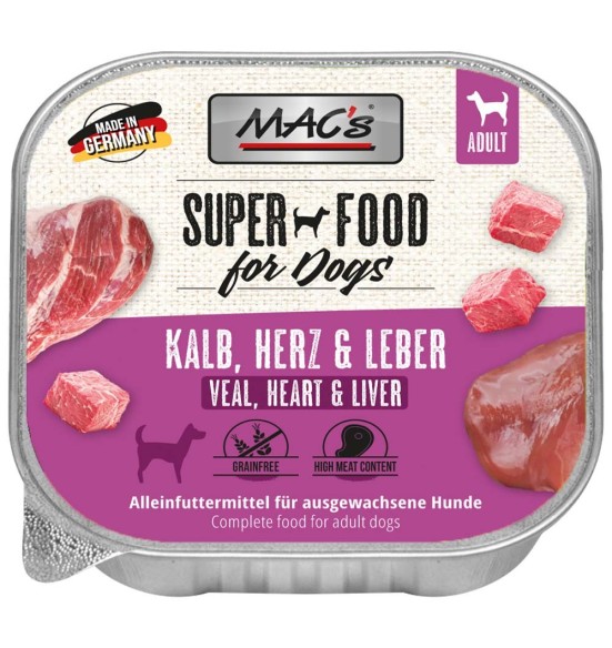 MAC´s konserv koerale VASIKAS, SÜDA ja MAKS (99% liha), teraviljavaba, kausike (Superfood Dog Veal & Duck)