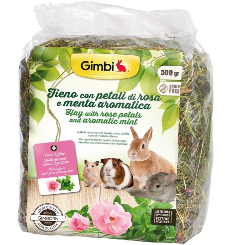 Сено с лепестками роз и мятой - для кроликов, морских свинок, шиншилл, грызунов, травоядных млекопитающих, 500 г (Gimbi)