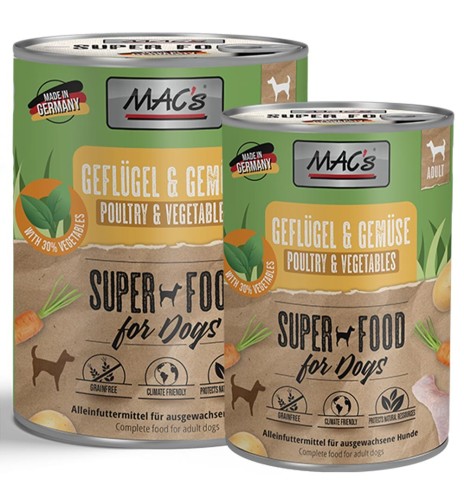 MAC´s konserv koerale KODULINNULIHA (69% liha) ja KÖÖGIVILJADEGA, teraviljavaba (Superfood Dog Poultry & Vegetables)