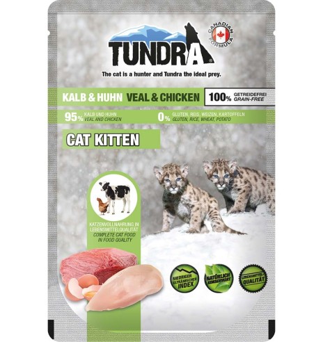 TUNDRA консервированный корм для котят С ТЕЛЯТИНОЙ И КУРИЦЕЙ (95,8%), беззерновой, пакетик 85 г