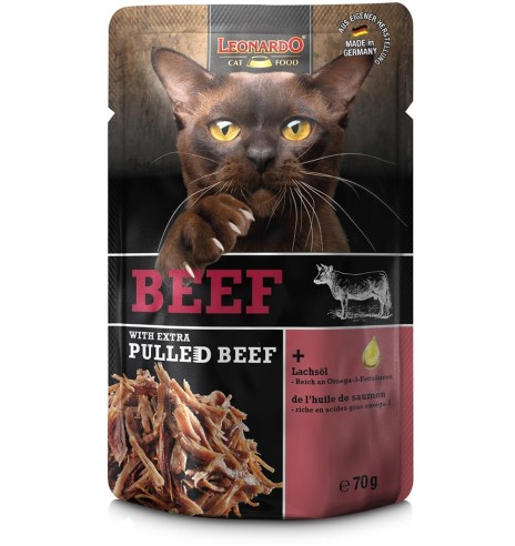 LEONARDO консервированный корм для кошек говяжий паштет + с рваной говядиной, в пакетике