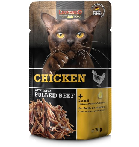 LEONARDO консервированный корм для кошек куриный паштет + с рваной говядиной, в пакетике