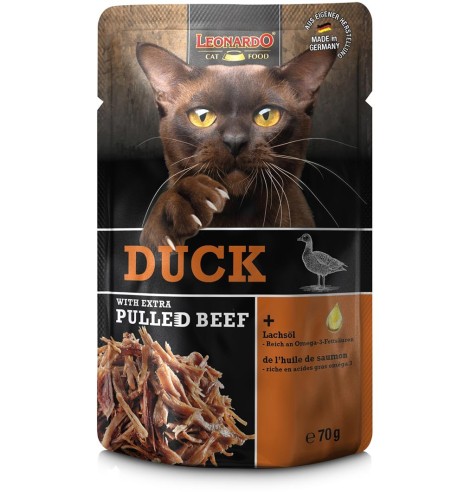 LEONARDO консервированный корм для кошек утиный паштет с рваной говядиной, в пакетике