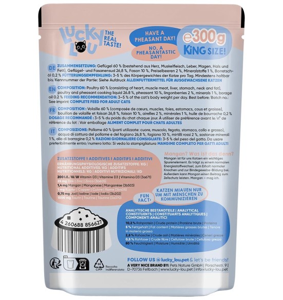 Lucky Lou беззерновой консервированный корм для кошек с домашней птицей и фазаном, в пакетике