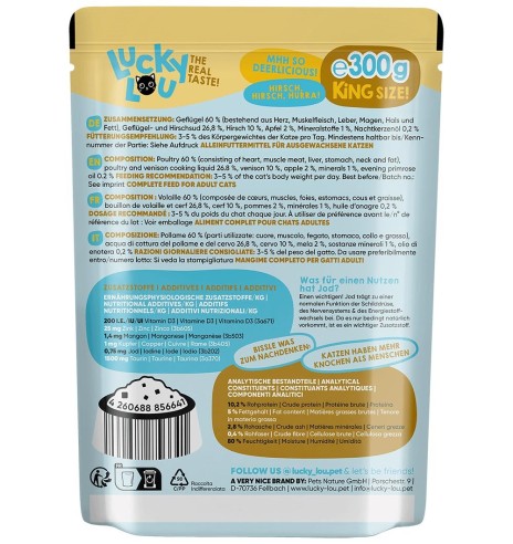 Lucky Lou беззерновой консервированный корм для кошек с домашней птицей и олениной, в пакетике