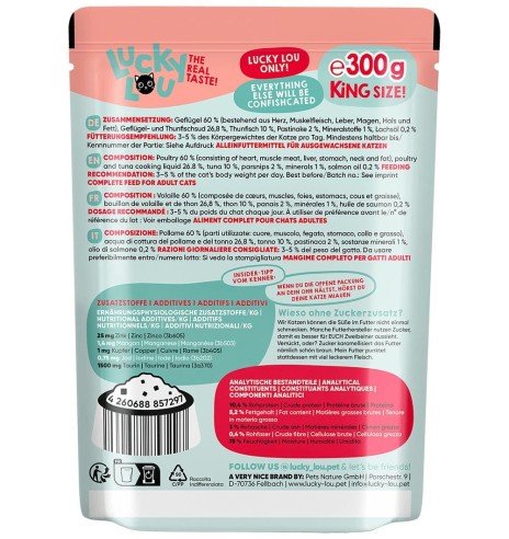 Lucky Lou беззерновой консервированный корм для кошек с домашней птицей и тунцом, в пакетике