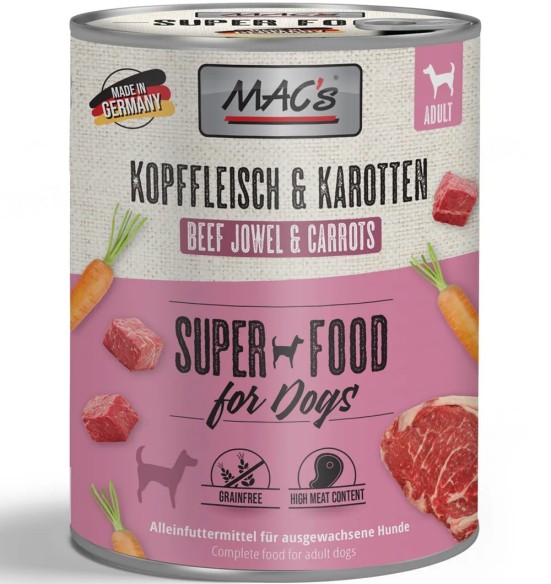 MAC's koerakonserv VEISELIHA ja PORGANDIGA teraviljavaba (Superfood MAC's Dog Beef Jowel & Carrots)