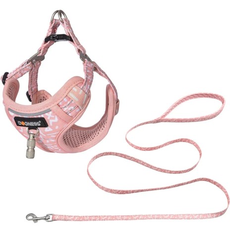 Текстильный поводок и шлейка для маленьких собак или кошек, розовый с белыми буквами Grey Letters (Dogness Little Rascal)