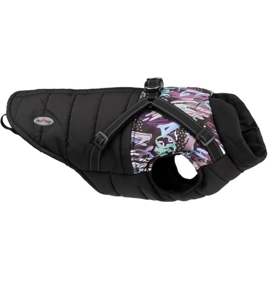 Зимняя куртка для собак со шлейкой, черная и сине-пестрая DENIM Gimdog