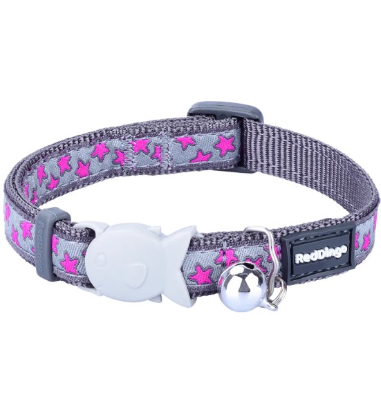Ошейник для кошек с вытканным дизайнерским узором Stars Hot Pink on Cool Grey (Red Dingo)