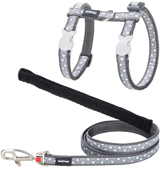 Шлейка и поводок для кошек, с вытканным дизайнерским узором White Stars on Cool Grey (Red Dingo)