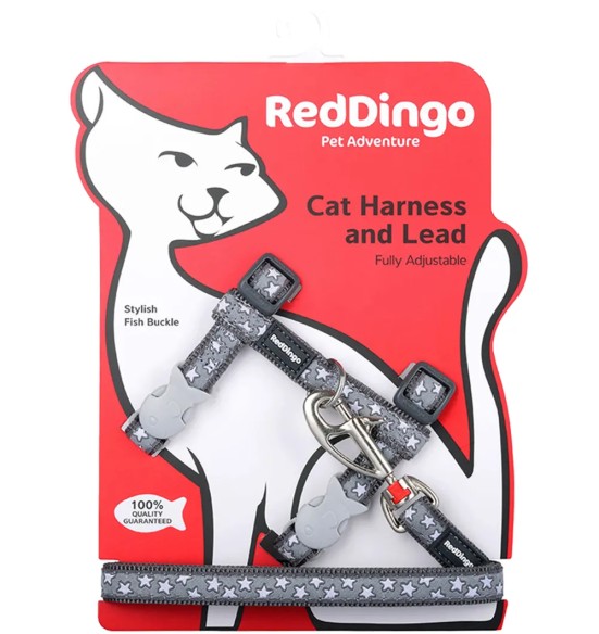 Шлейка и поводок для кошек, с вытканным дизайнерским узором White Stars on Cool Grey (Red Dingo)