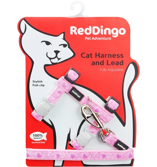 Текстильный поводок и шлейка для кошек с дизайнерским принтом Breezy Love Pink (Red Dingo)