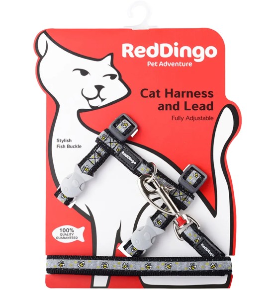 Traksid ja jalutusrihm kassile, disainmustriga Bumble Bee Black (Red Dingo)