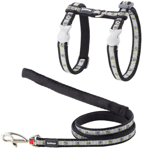 Traksid ja jalutusrihm kassile, disainmustriga Bumble Bee Black (Red Dingo)